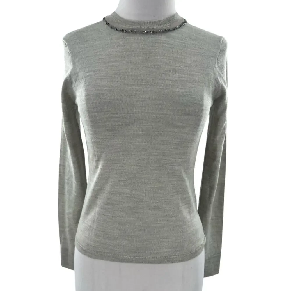 NWT J. Crew Carolyn SEQUIN embellished fitted sweater in grey merino wool sz XS